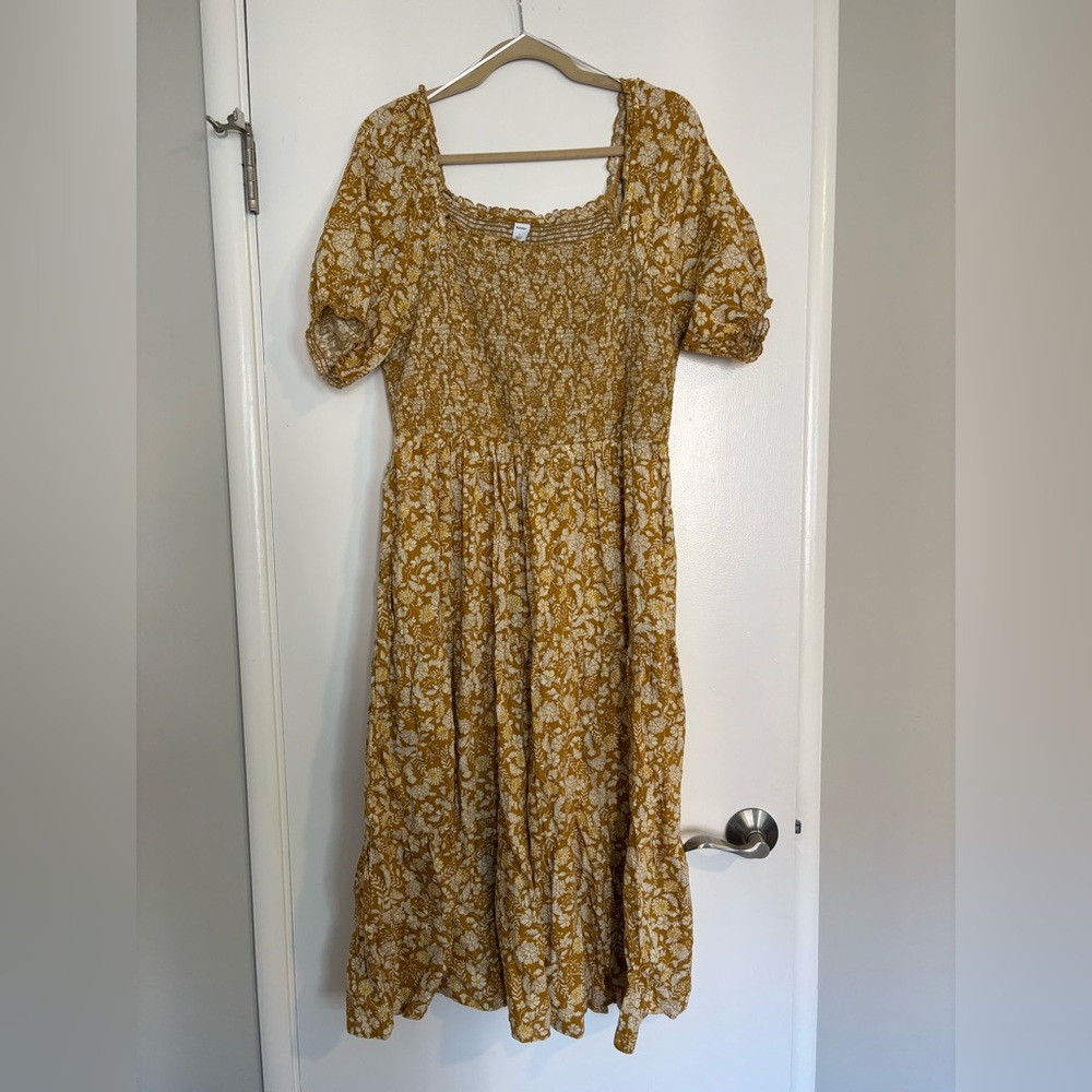 Old Navy Mustard Yellow Floral Smocked Midi Dress